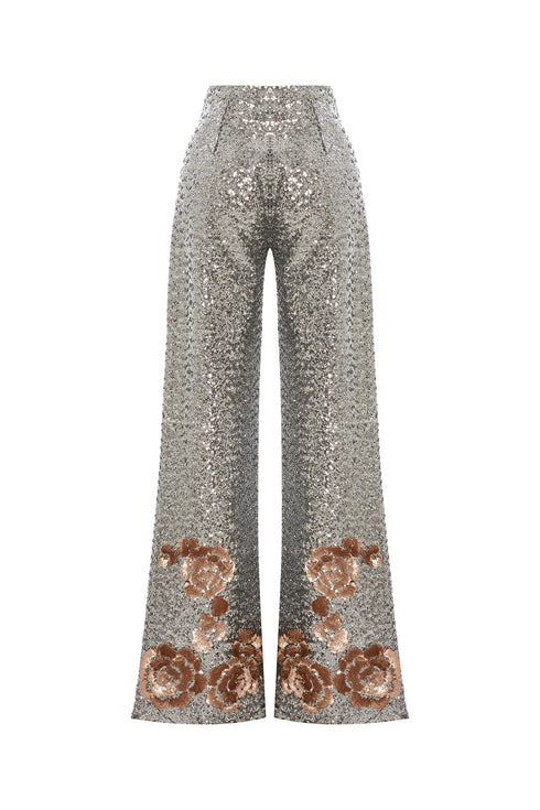 SILVER SEQUIN HIGH WAIST WIDE LEG TROUSERS