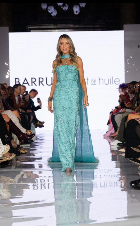 Embellished Turquoise Gown with Flowing Cape