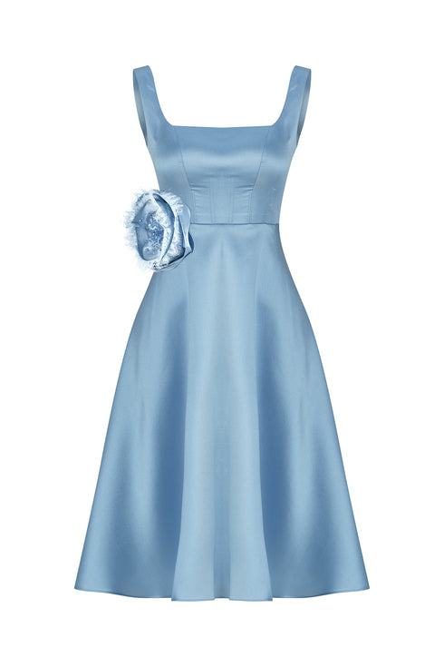 LIGHT SKY BLUE FLORAL DETAILED MIDI DRESS