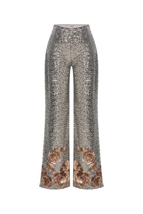 SILVER SEQUIN HIGH WAIST WIDE LEG TROUSERS