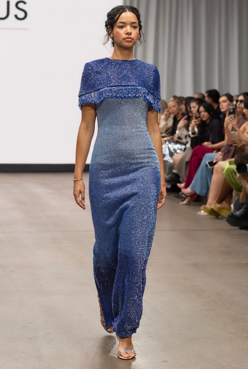 Sapphire Sequin Cape Gown