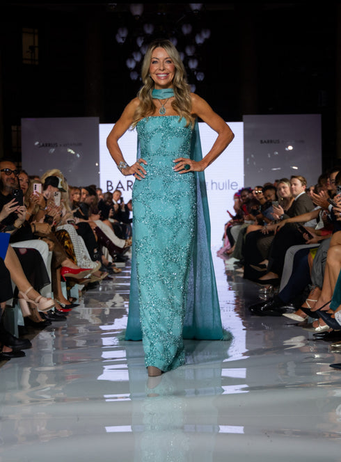 Embellished Turquoise Gown with Flowing Cape