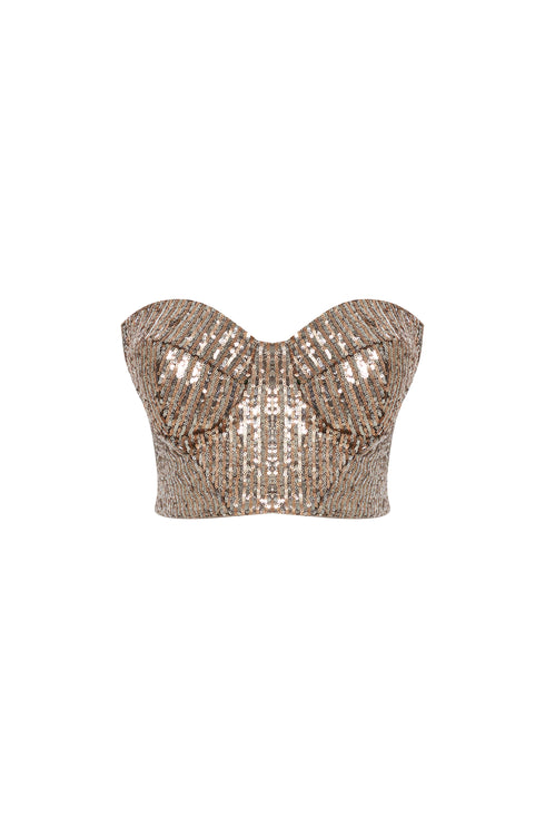 SILVER-CAMEL SEQUIN BRA FORM CROP TOP