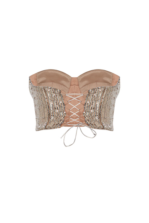 SILVER-CAMEL SEQUIN BRA FORM CROP TOP