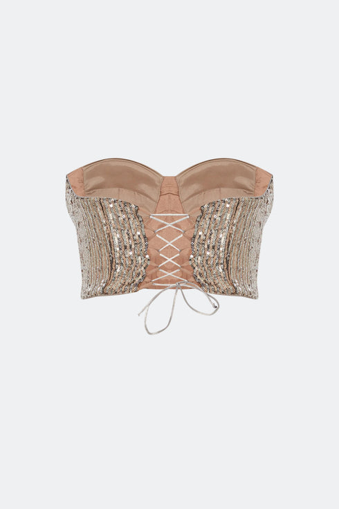 Silver-Camel Sequin Bra Form Crop Top