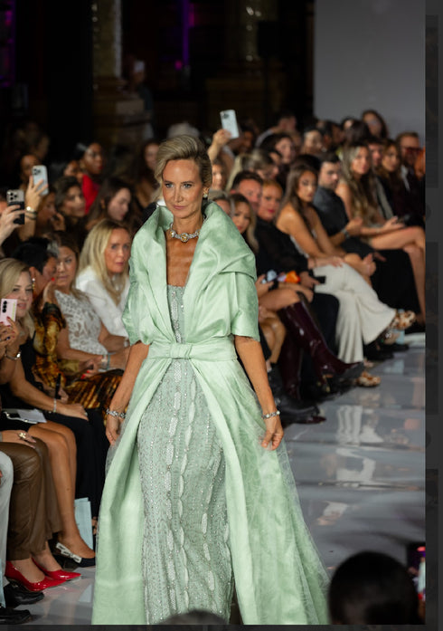 Hand-Embellished Mint Evening Gown with Glow-in-the-Dark Couture Cape