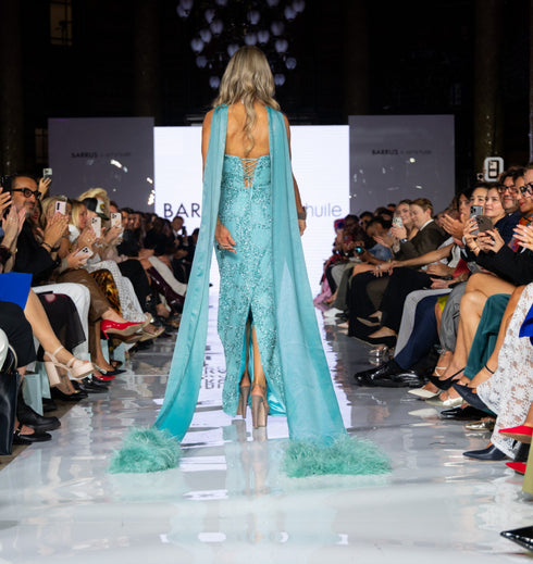 Embellished Turquoise Gown with Flowing Cape