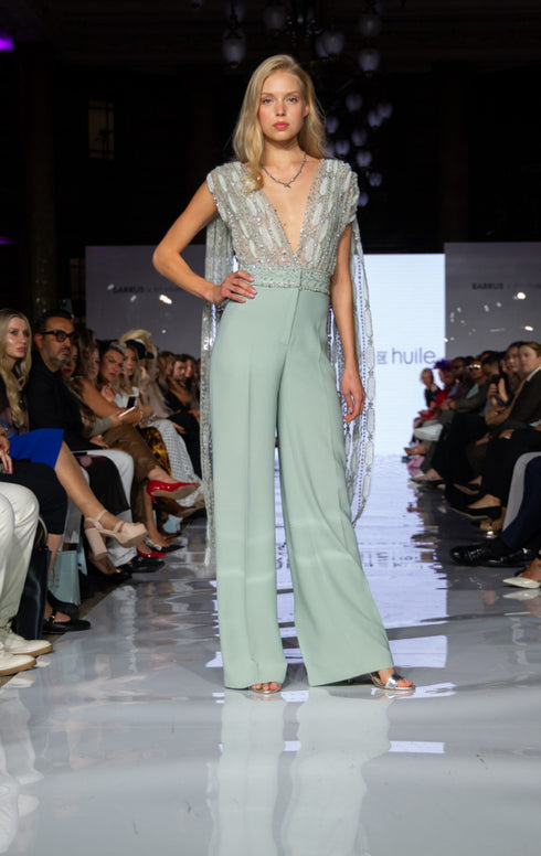 Embellished Mint Jumpsuit with Beaded Cape