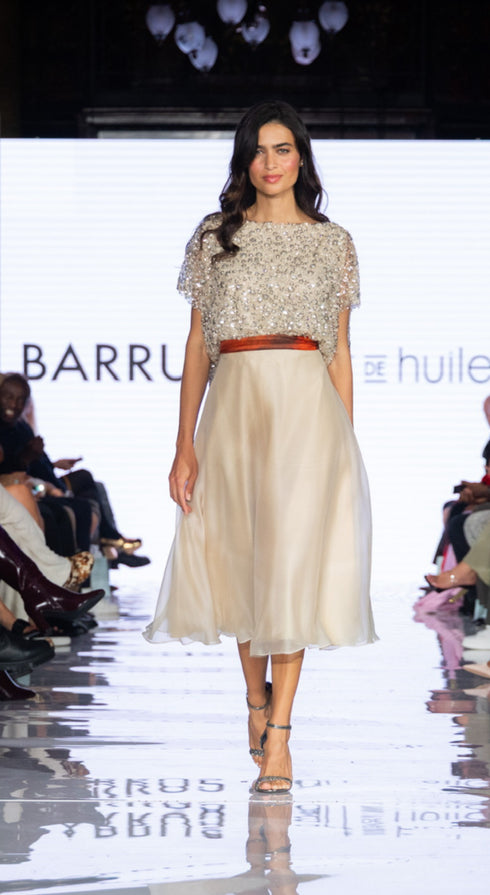 Embellished Blouse & Silk Midi Skirt Set