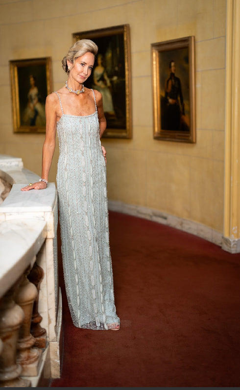 Hand-Embellished Mint Evening Gown with Glow-in-the-Dark Couture Cape