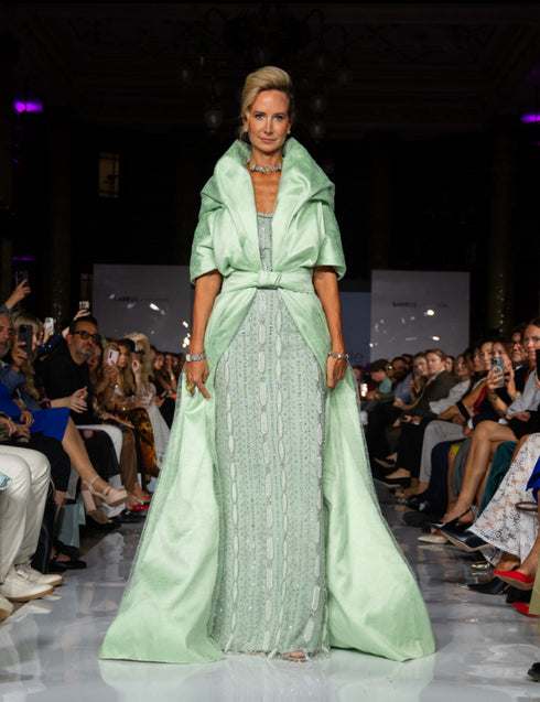 Hand-Embellished Mint Evening Gown with Glow-in-the-Dark Couture Cape