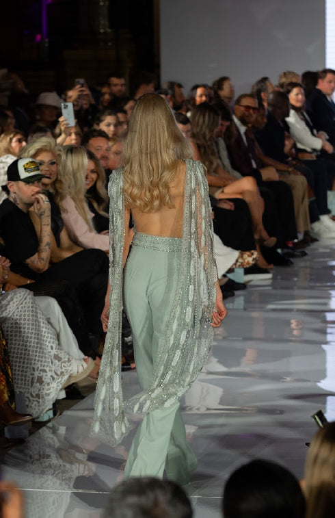 Embellished Mint Jumpsuit with Beaded Cape