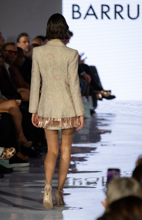 French Lace Jacket Dress with Bronze Fringe Hem