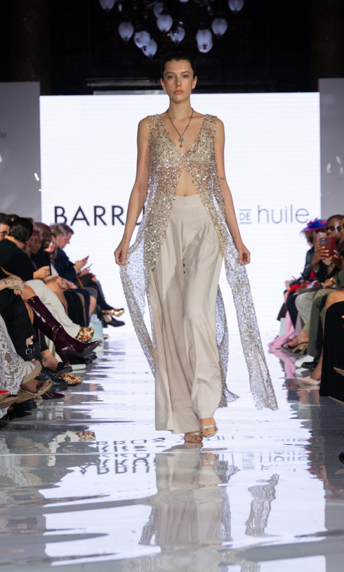 Embellished Longline Sheer Overlay with Crepe Trousers