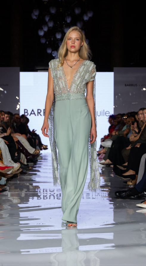 Embellished Mint Jumpsuit with Beaded Cape
