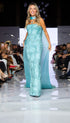 Embellished Turquoise Gown with Flowing Cape