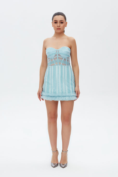 LIGHT BLUE TULLE DETAILED MINI DRESS