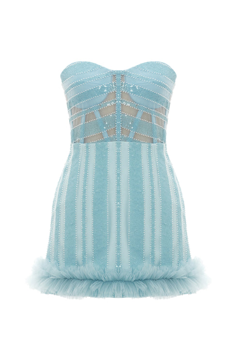 LIGHT BLUE TULLE DETAILED MINI DRESS