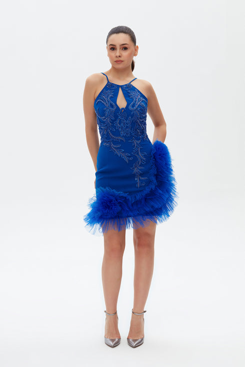 TULLE DETAILED COBALT MINI DRESS