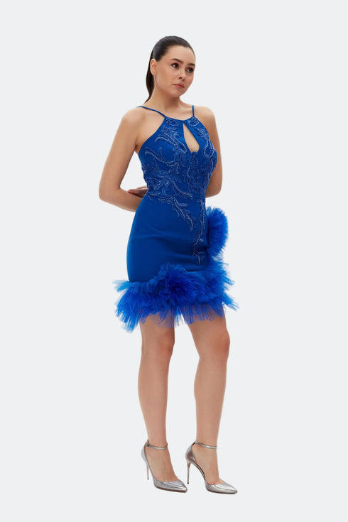 Tulle Detailed Cobalt Mini Dress