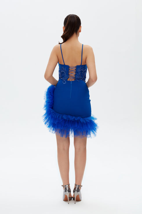 TULLE DETAILED COBALT MINI DRESS