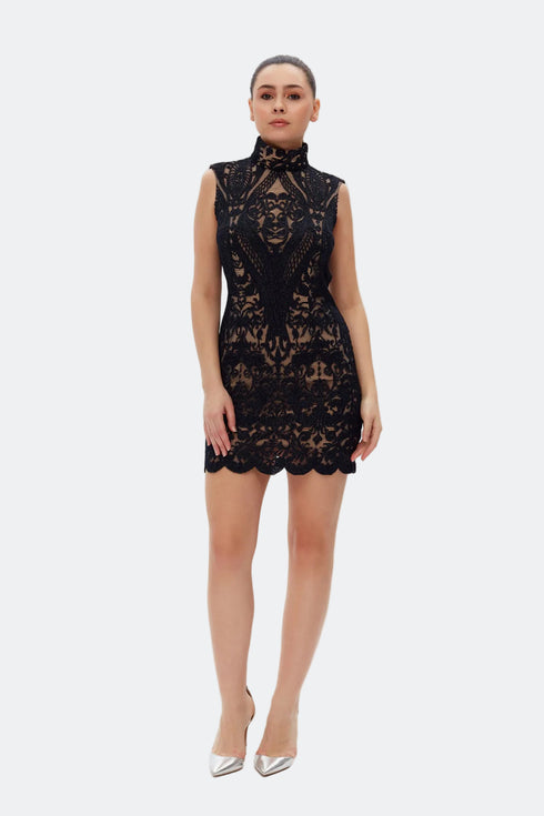 Dark Navy Blue High Neck Mini Dress