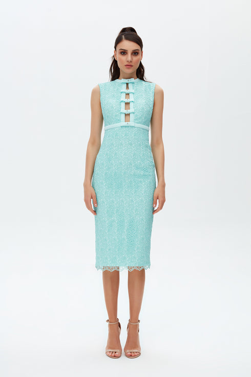 TIFFANY BLUE BOW TIE DETAILED PENCIL DRESS