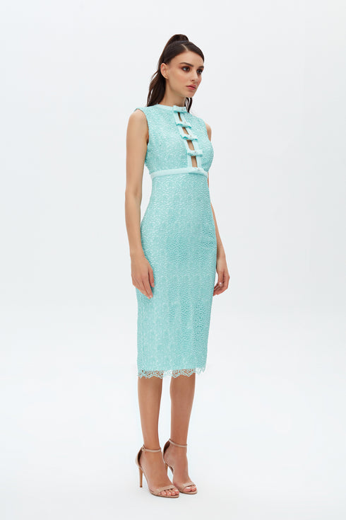 TIFFANY BLUE BOW TIE DETAILED PENCIL DRESS