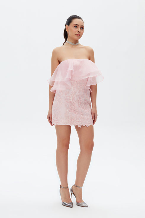 FLOUNCE DETAILED LACE MINI DRESS