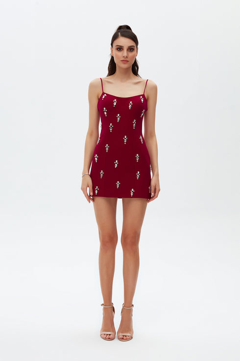 STONE EMBROIDERED STRAPS MINI DRESS