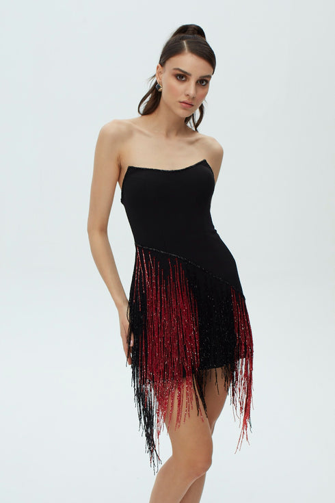 SHINY FRINGE STRAPLESS NIGHT DRESS