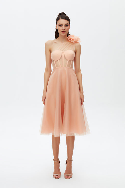 MERY PLEAT TULLE FLOWER DETAILED MIDI DRESS
