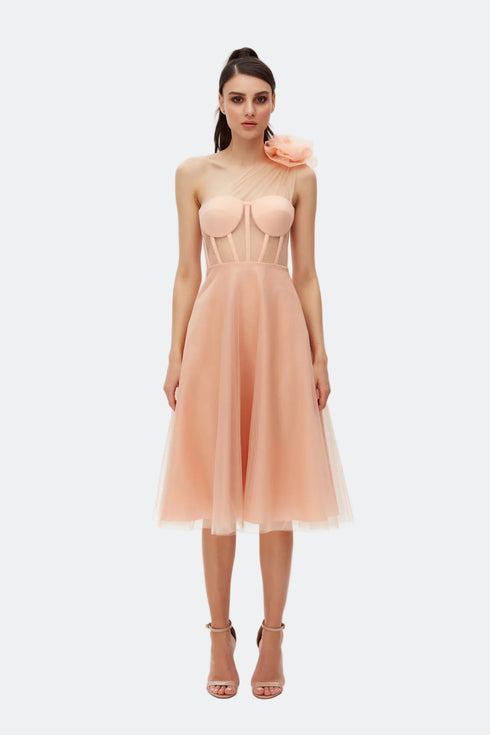 Mery Pleat Tulle Flower Detailed Midi Dress