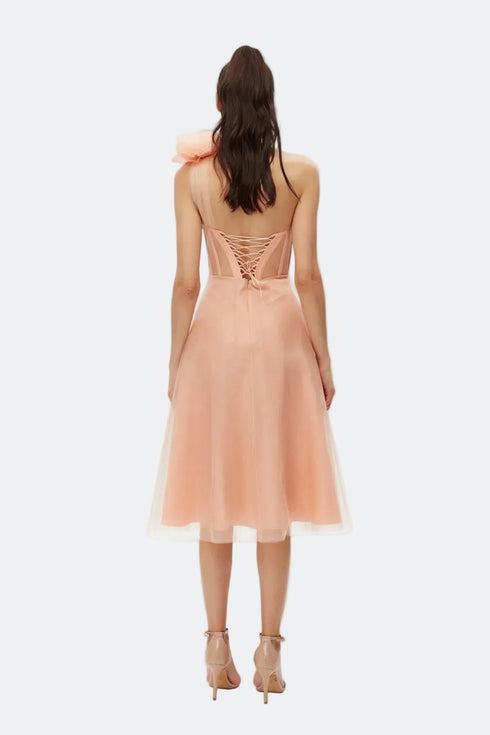Mery Pleat Tulle Flower Detailed Midi Dress