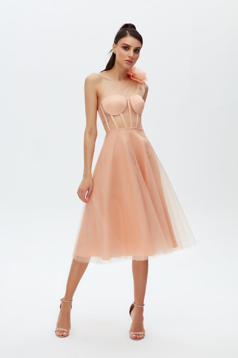 MERY PLEAT TULLE FLOWER DETAILED MIDI DRESS