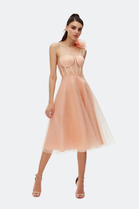 Mery Pleat Tulle Flower Detailed Midi Dress