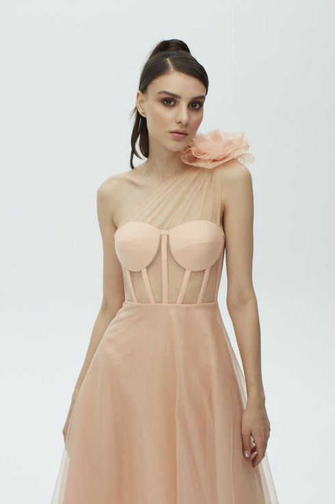 MERY PLEAT TULLE FLOWER DETAILED MIDI DRESS