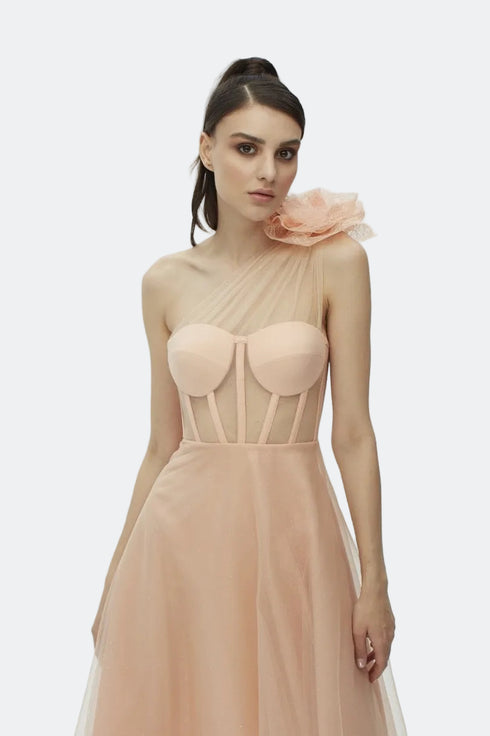 Mery Pleat Tulle Flower Detailed Midi Dress