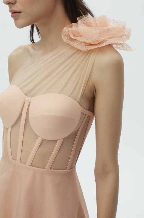 MERY PLEAT TULLE FLOWER DETAILED MIDI DRESS