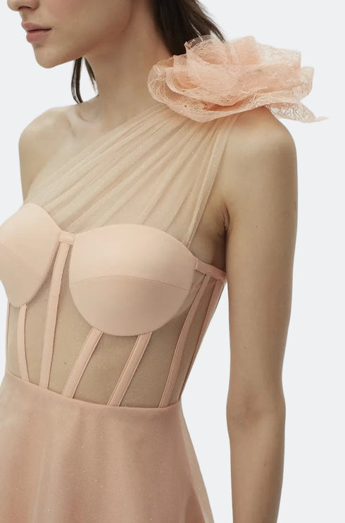 Mery Pleat Tulle Flower Detailed Midi Dress