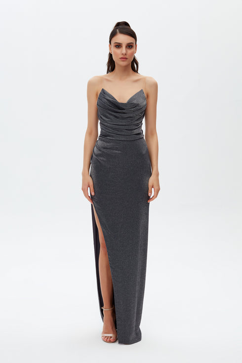 COWL NECK DEEP SLIT DRESS