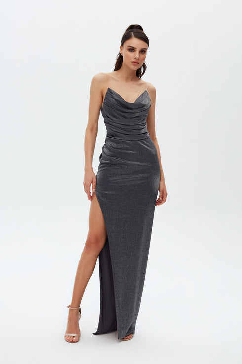 COWL NECK DEEP SLIT DRESS