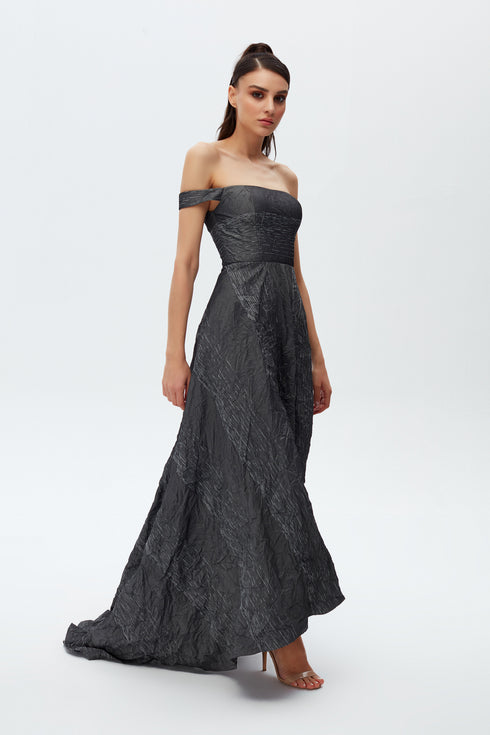 OFF SHOULDER DARK GREY LONG DRESS