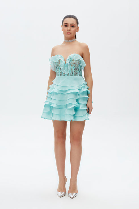 SHINY FRILL DETAILED LACE MINI DRESS