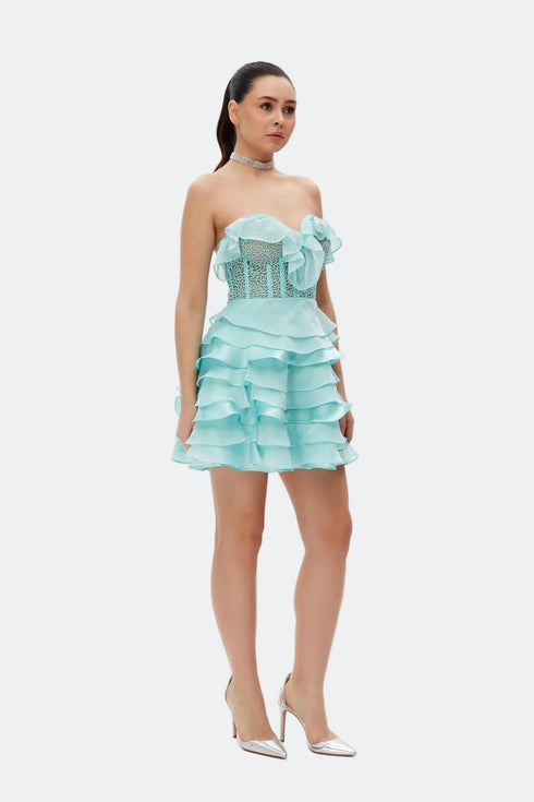 Shiny Frill Detailed Lace Mini Dress