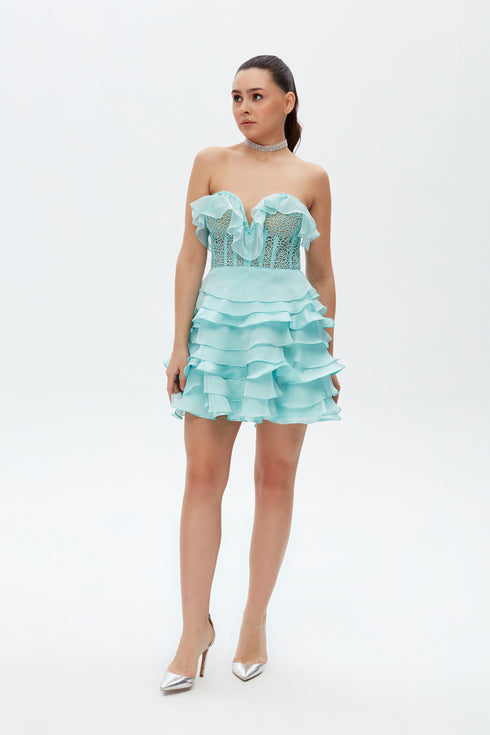 SHINY FRILL DETAILED LACE MINI DRESS