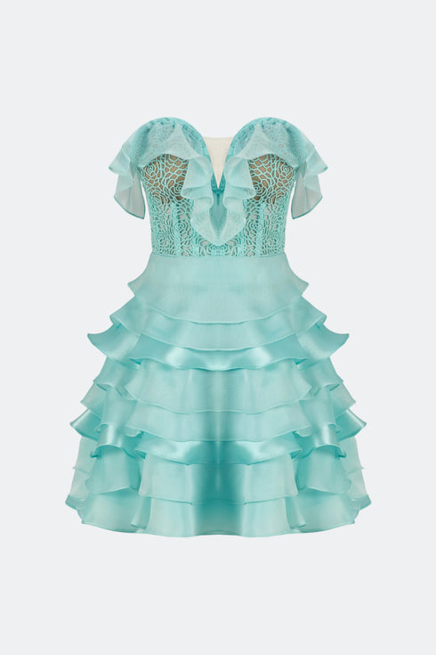 Shiny Frill Detailed Lace Mini Dress
