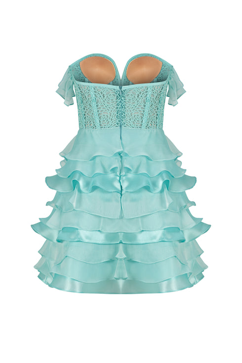 SHINY FRILL DETAILED LACE MINI DRESS