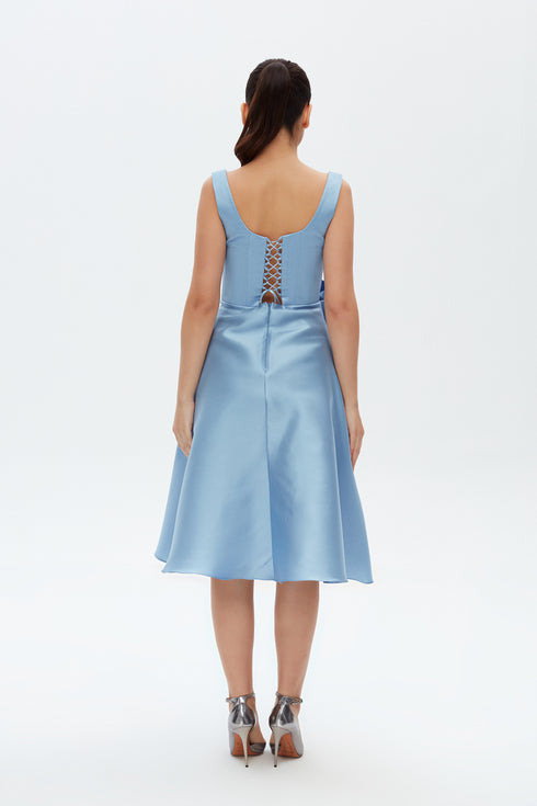 LIGHT SKY BLUE FLORAL DETAILED MIDI DRESS