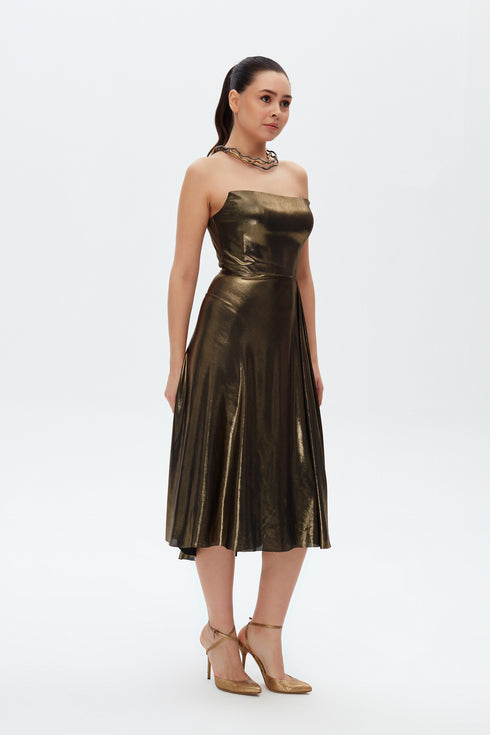 STRAPLESS SQUARE NECK MIDI DRESS